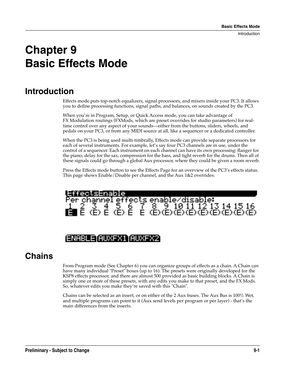 Basic effects mode, Introduction, Chains | Chapter 9, Introduction -1 chains -1, Chapter 9 basic effects mode | Kurzweil KSP8 TM User Manual | Page 69 / 122