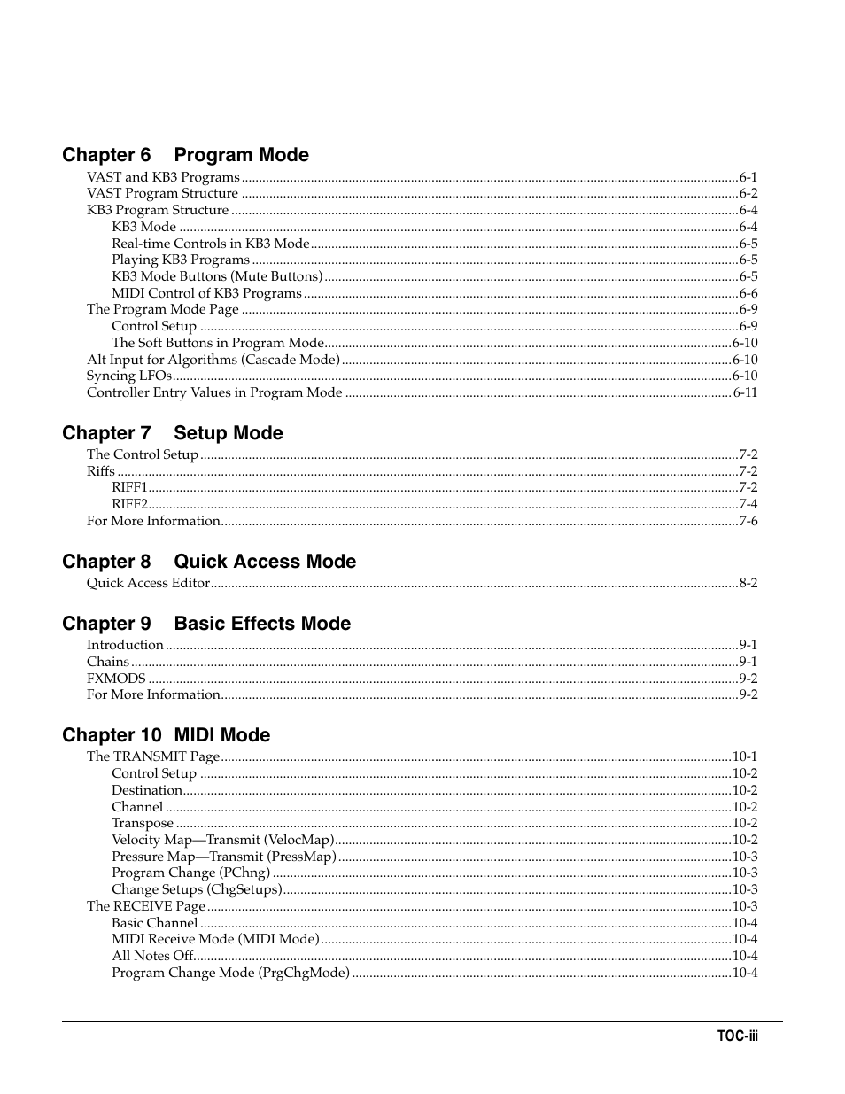 Chapter 6 program mode, Chapter 7 setup mode, Chapter 8quick access mode | Chapter 9 basic effects mode, Chapter 10 midi mode | Kurzweil KSP8 TM User Manual | Page 7 / 122