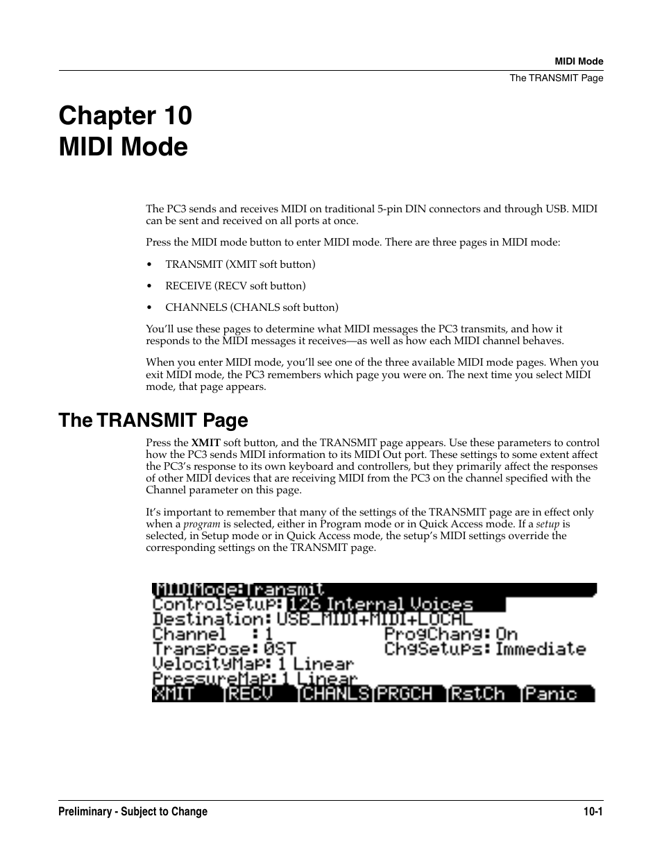 Midi mode, Chapter 10 midi mode, The transmit page | Kurzweil KSP8 TM User Manual | Page 71 / 122