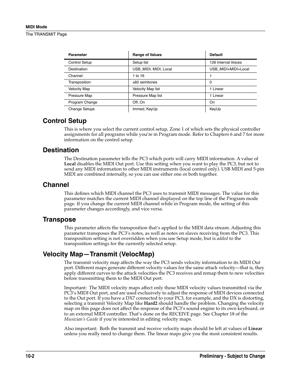 Control setup, Destination, Channel | Transpose, Velocity map—transmit (velocmap) | Kurzweil KSP8 TM User Manual | Page 72 / 122