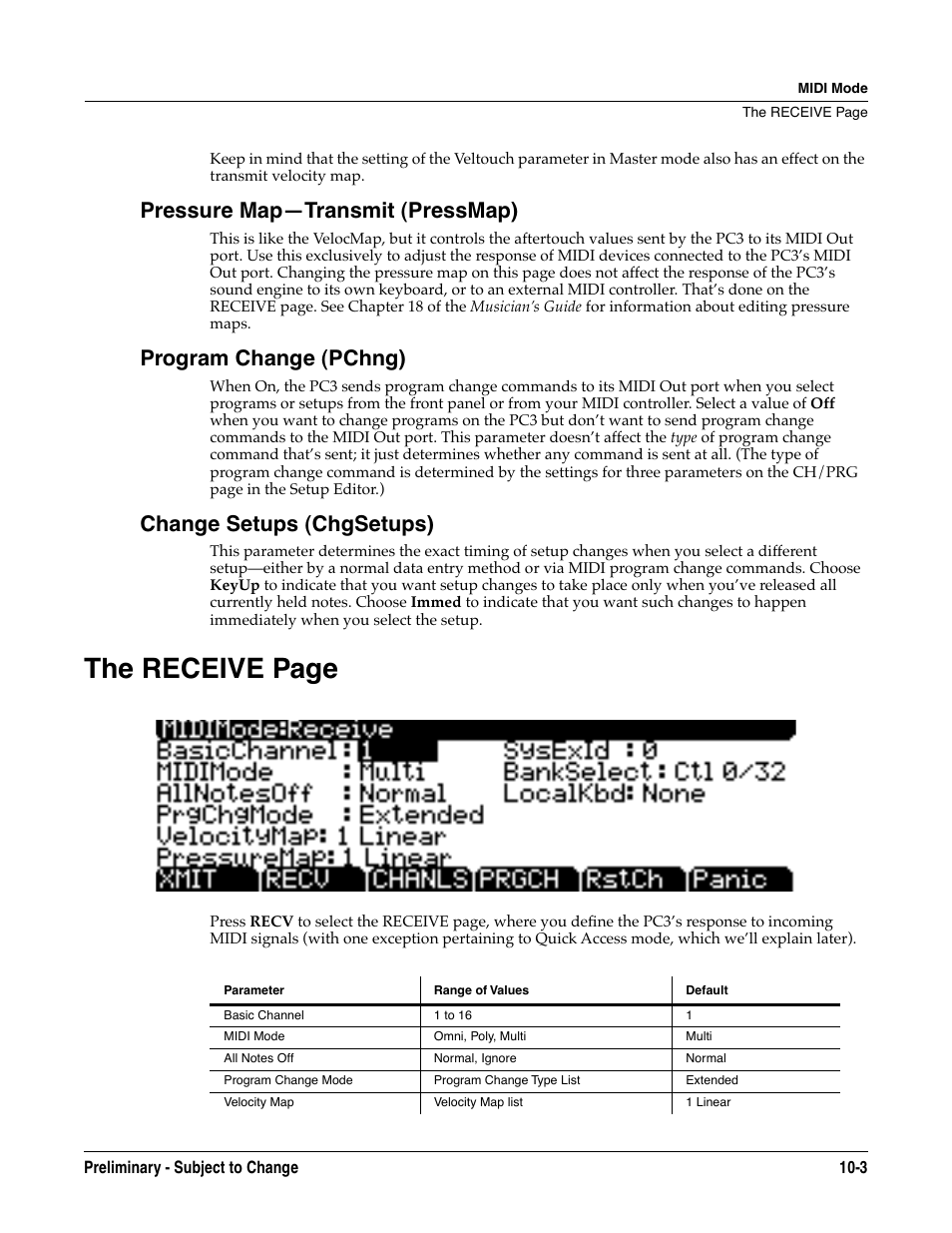 Pressure map—transmit (pressmap), Program change (pchng), Change setups (chgsetups) | The receive page | Kurzweil KSP8 TM User Manual | Page 73 / 122