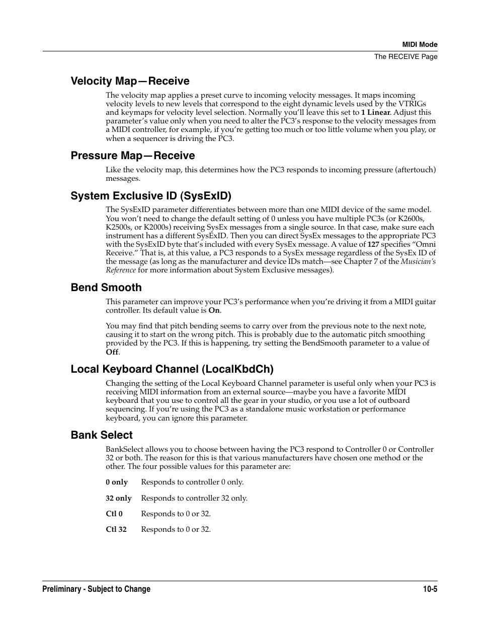 Velocity map—receive, Pressure map—receive, System exclusive id (sysexid) | Bend smooth, Local keyboard channel (localkbdch), Bank select | Kurzweil KSP8 TM User Manual | Page 75 / 122