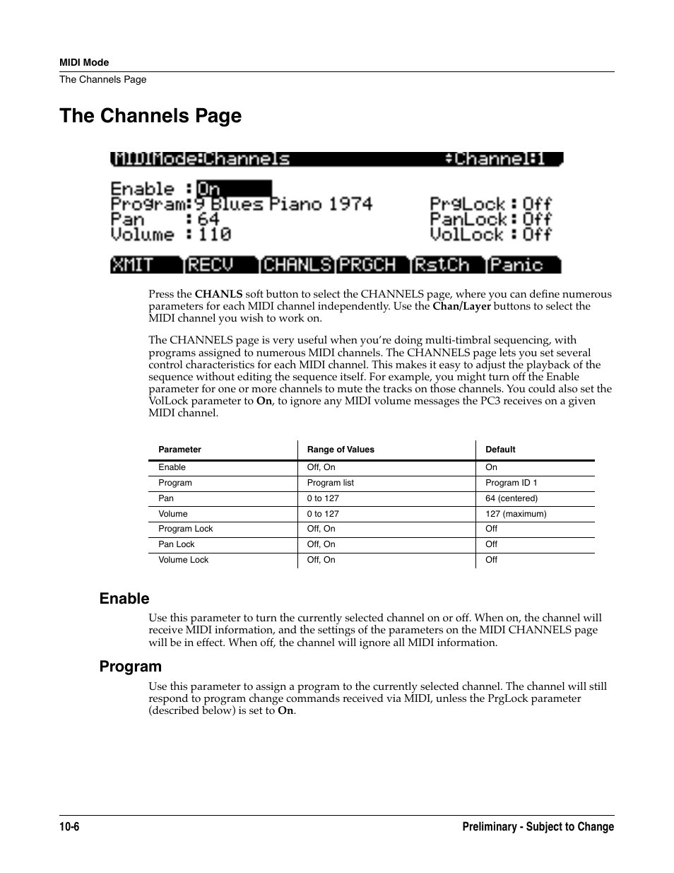 Enable, Program, Enable -6 program -6 | The channels page | Kurzweil KSP8 TM User Manual | Page 76 / 122