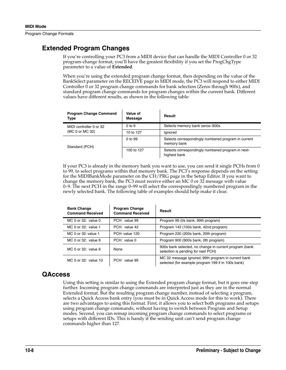 Extended program changes, Qaccess, Extended program changes -8 qaccess -8 | 8 preliminary - subject to change | Kurzweil KSP8 TM User Manual | Page 78 / 122