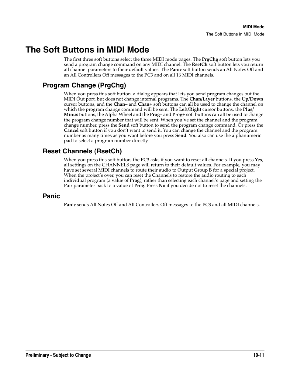 The soft buttons in midi mode, Program change (prgchg), Reset channels (rsetch) | Panic, The soft buttons in midi mode -11 | Kurzweil KSP8 TM User Manual | Page 81 / 122