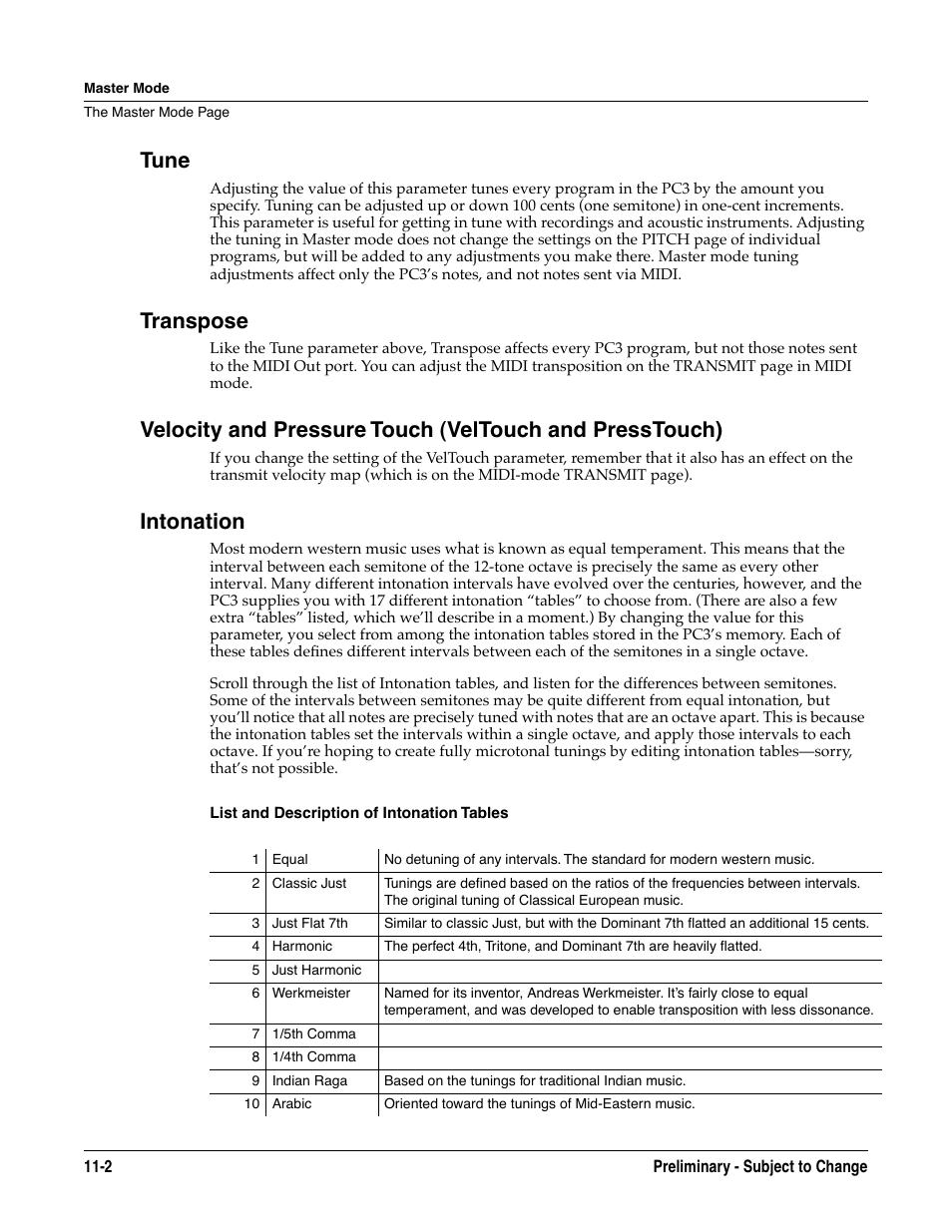 Tune, Transpose, Intonation | List and description of intonation tables | Kurzweil KSP8 TM User Manual | Page 84 / 122