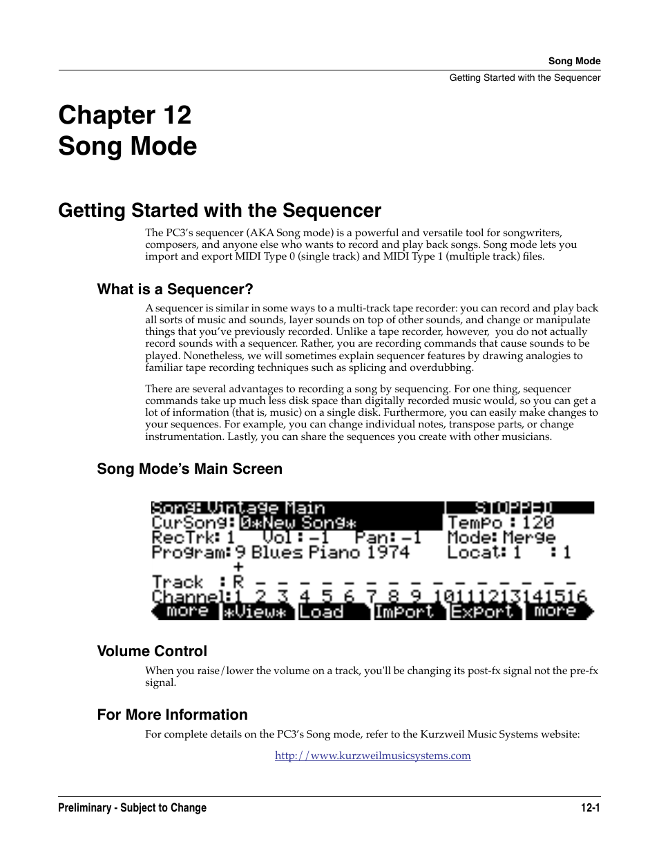 Song mode, Getting started with the sequencer, What is a sequencer | Song mode’s main screen, Volume control, For more information, Chapter 12 song mode, Getting started with the sequencer -1 | Kurzweil KSP8 TM User Manual | Page 89 / 122