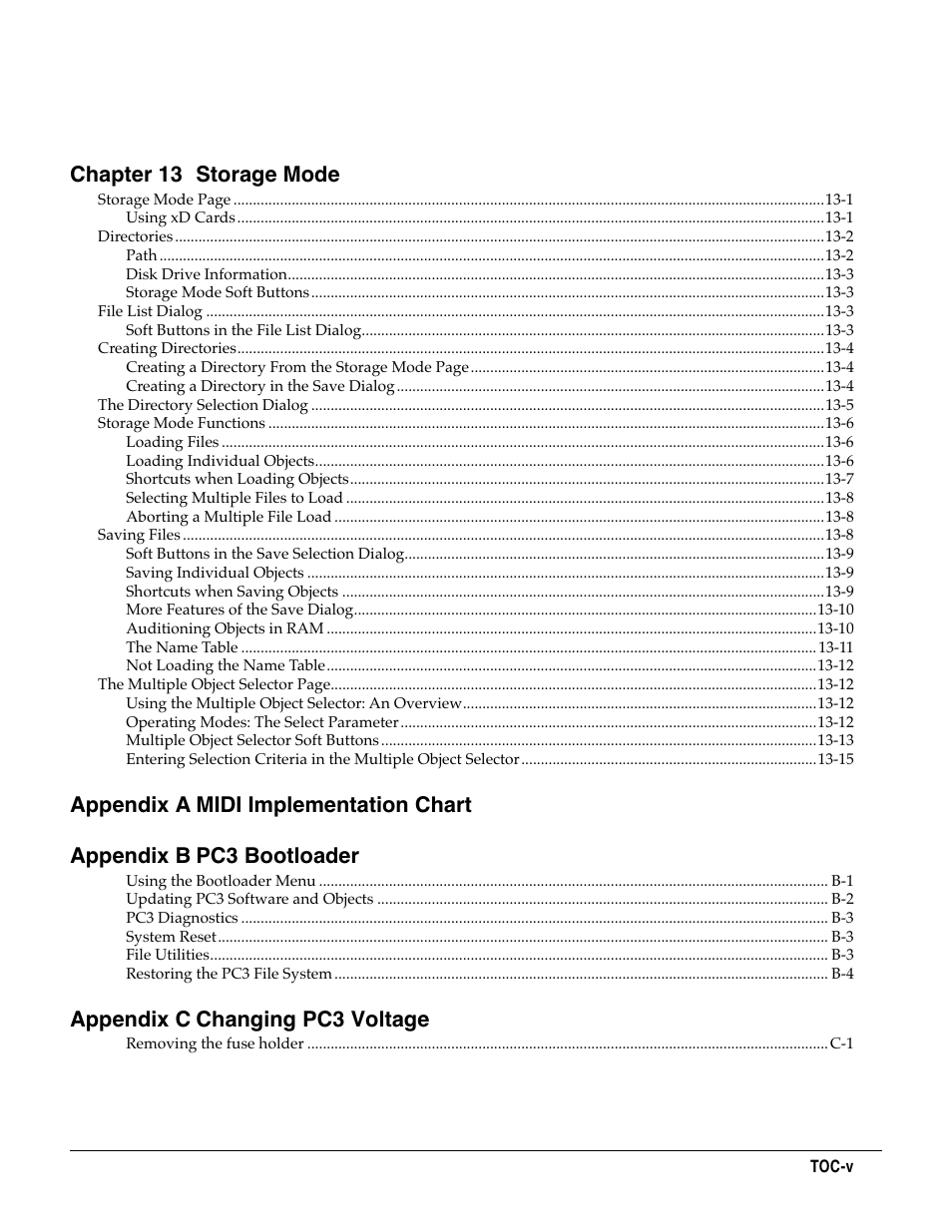 Chapter 13 storage mode, Appendix c changing pc3 voltage | Kurzweil KSP8 TM User Manual | Page 9 / 122