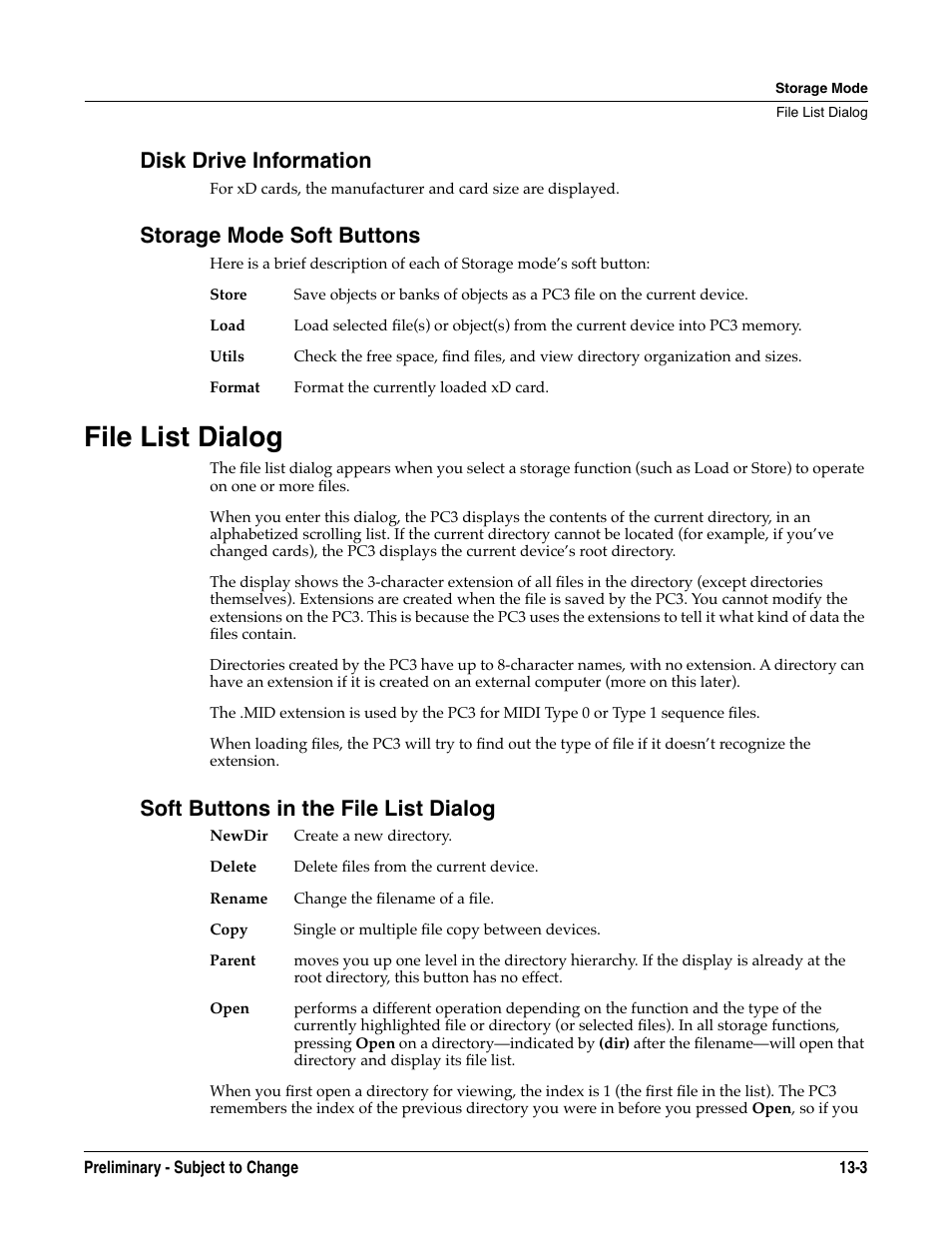 Disk drive information, Storage mode soft buttons, File list dialog | Soft buttons in the file list dialog, File list dialog -3, Soft buttons in the file list dialog -3 | Kurzweil KSP8 TM User Manual | Page 93 / 122