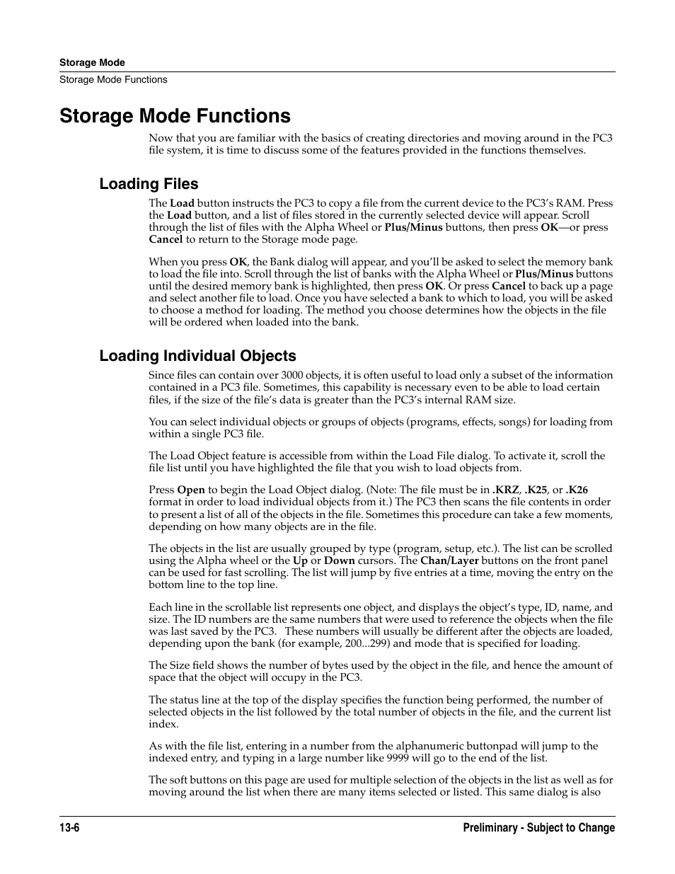 Storage mode functions, Loading files, Loading individual objects | Storage mode functions -6, Loading files -6 loading individual objects -6 | Kurzweil KSP8 TM User Manual | Page 96 / 122