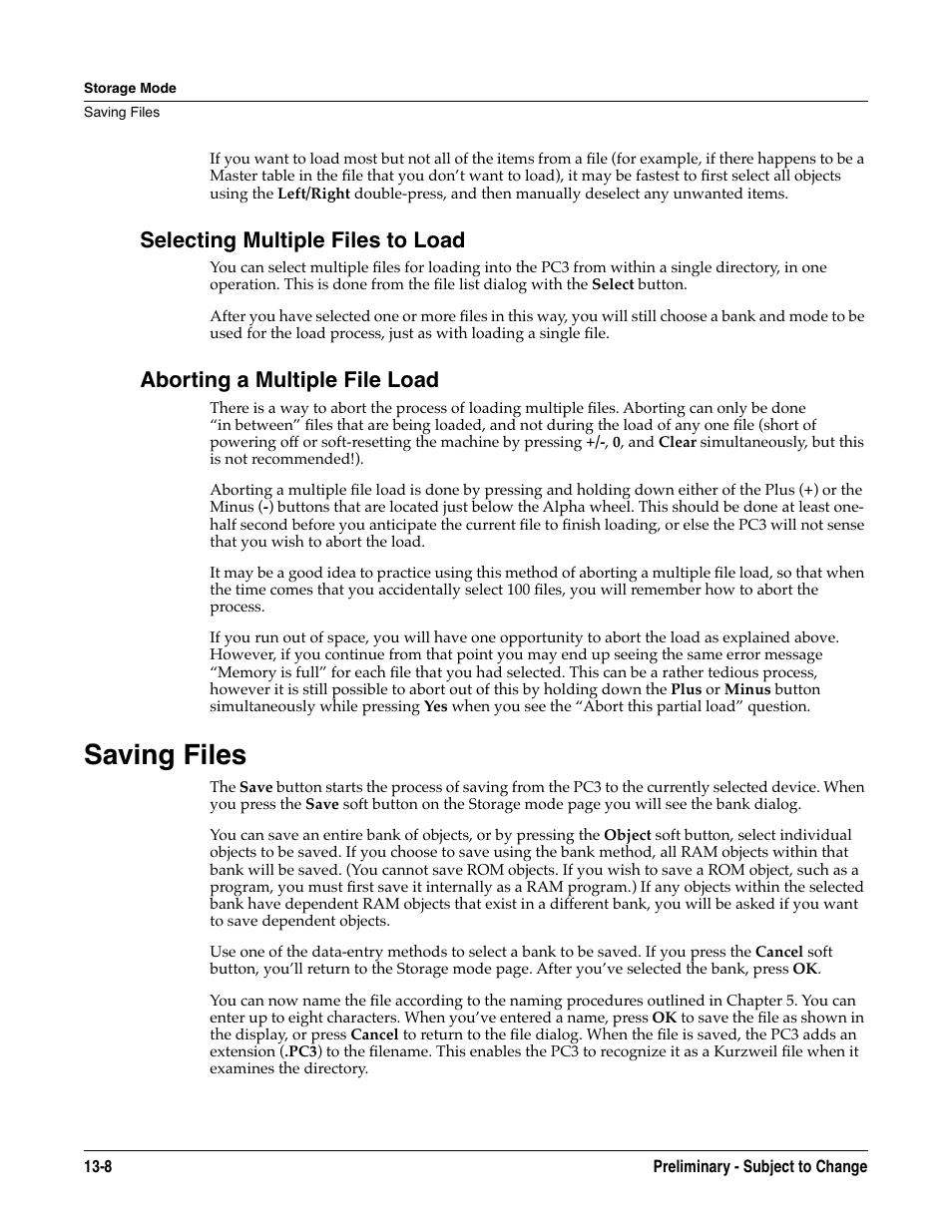 Selecting multiple files to load, Aborting a multiple file load, Saving files | Saving files -8 | Kurzweil KSP8 TM User Manual | Page 98 / 122