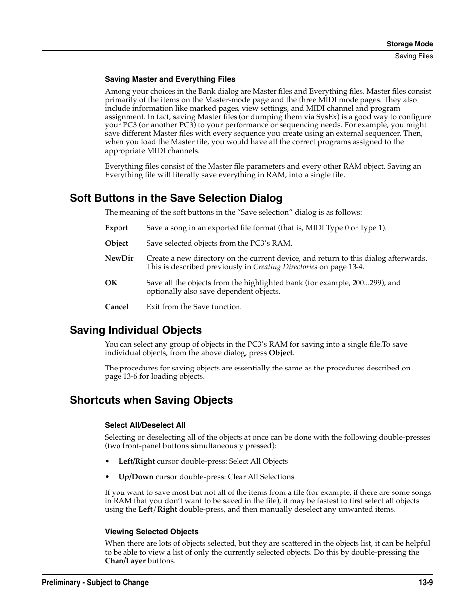 Saving master and everything files, Soft buttons in the save selection dialog, Saving individual objects | Shortcuts when saving objects, Select all/deselect all, Viewing selected objects | Kurzweil KSP8 TM User Manual | Page 99 / 122