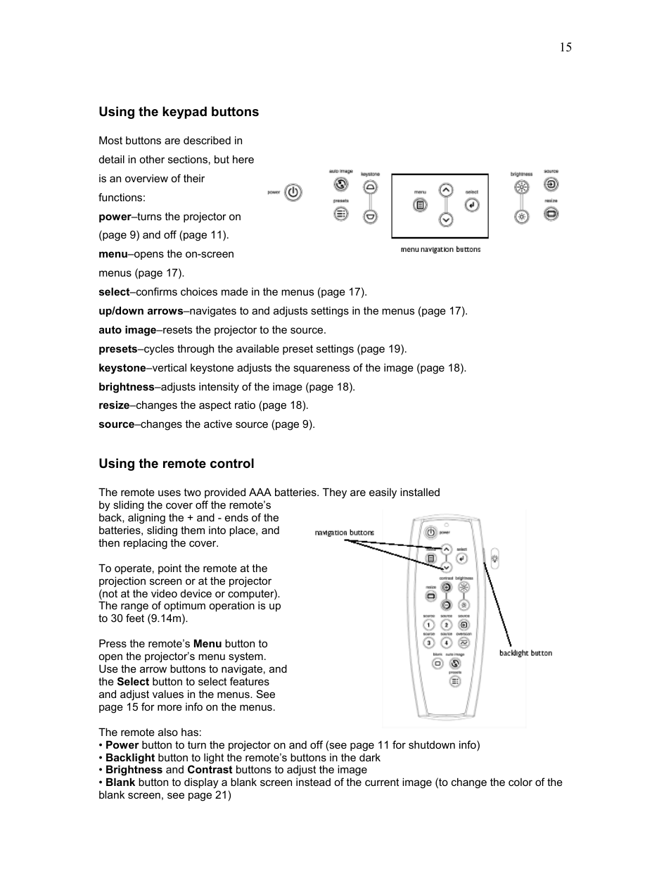 Using the keypad buttons, Using the remote control | Knoll Systems HD225 User Manual | Page 15 / 27