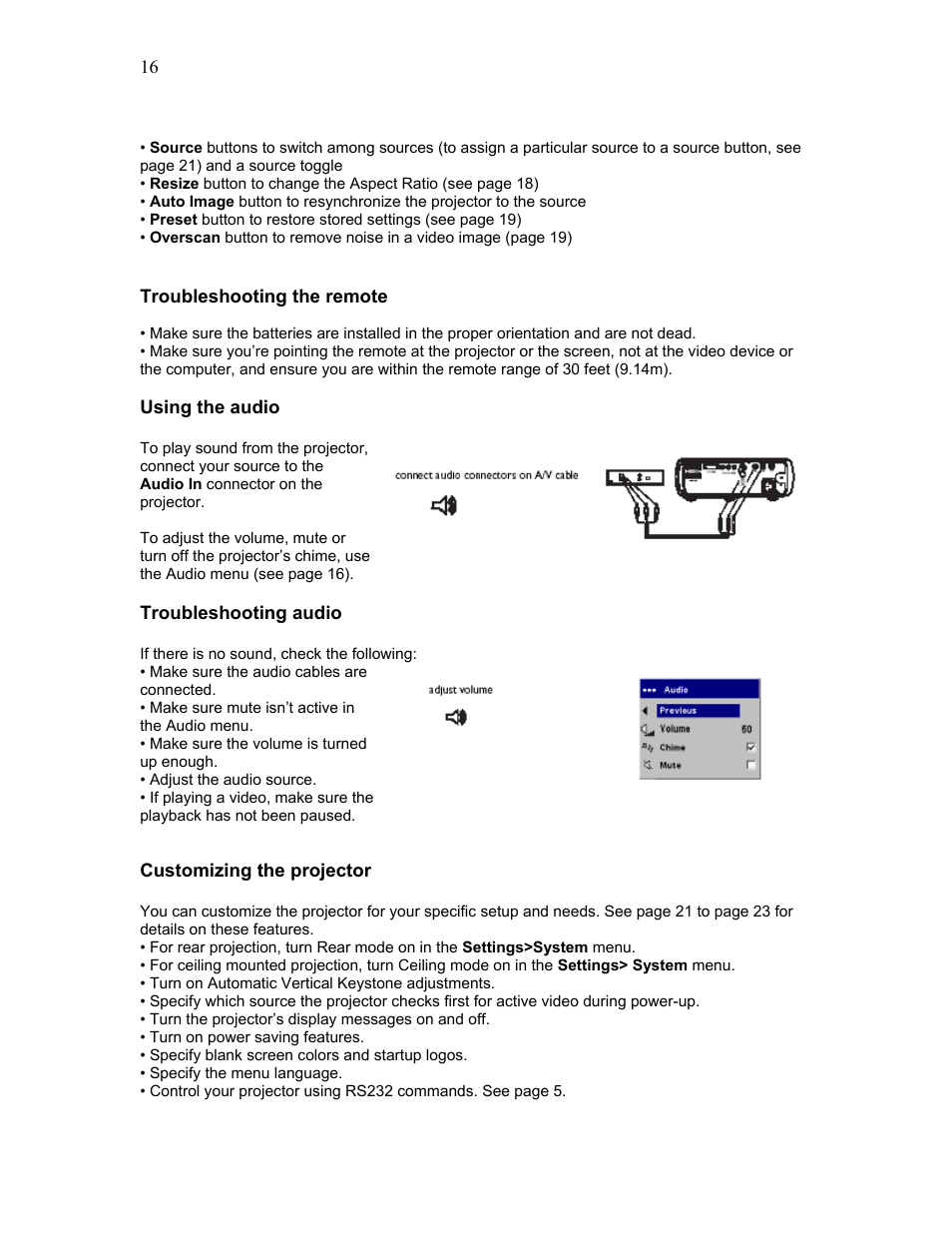 Using the audio, Troubleshooting audio, Customizing the projector | Knoll Systems HD225 User Manual | Page 16 / 27