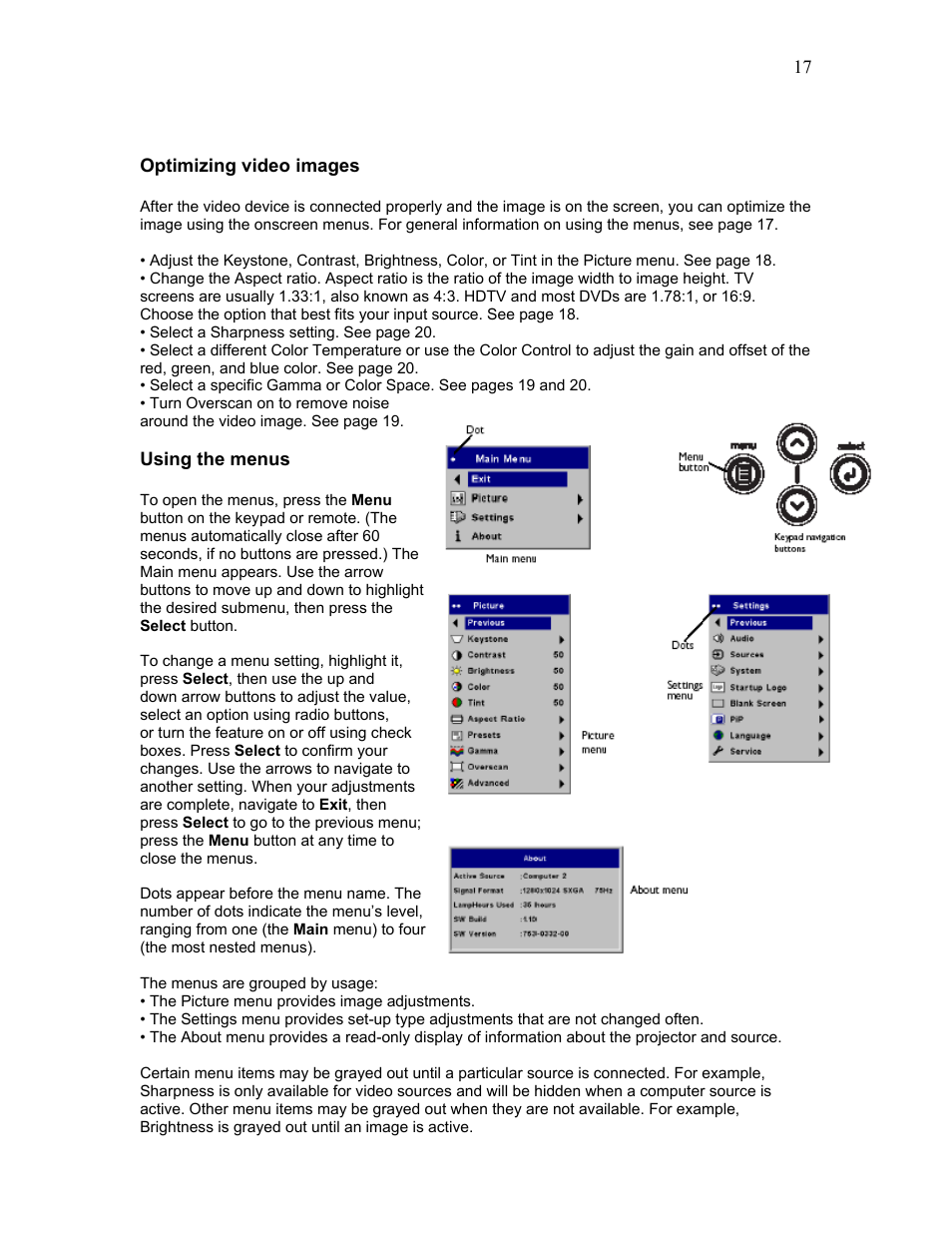 Optimizing video images, Using the menus | Knoll Systems HD225 User Manual | Page 17 / 27