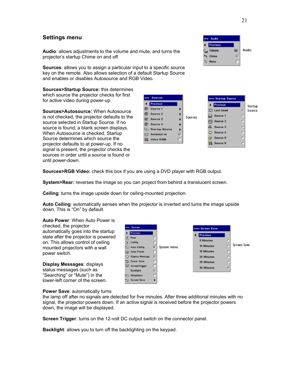 Settings menu | Knoll Systems HD225 User Manual | Page 21 / 27