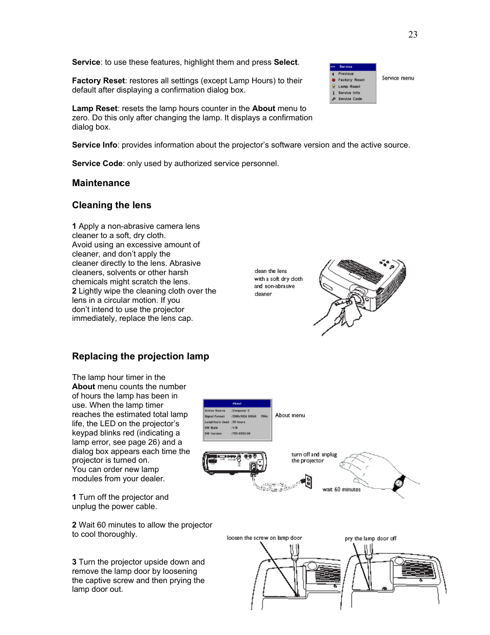 Maintenance, Cleaning the lens, Replacing the projection lamp | Knoll Systems HD225 User Manual | Page 23 / 27