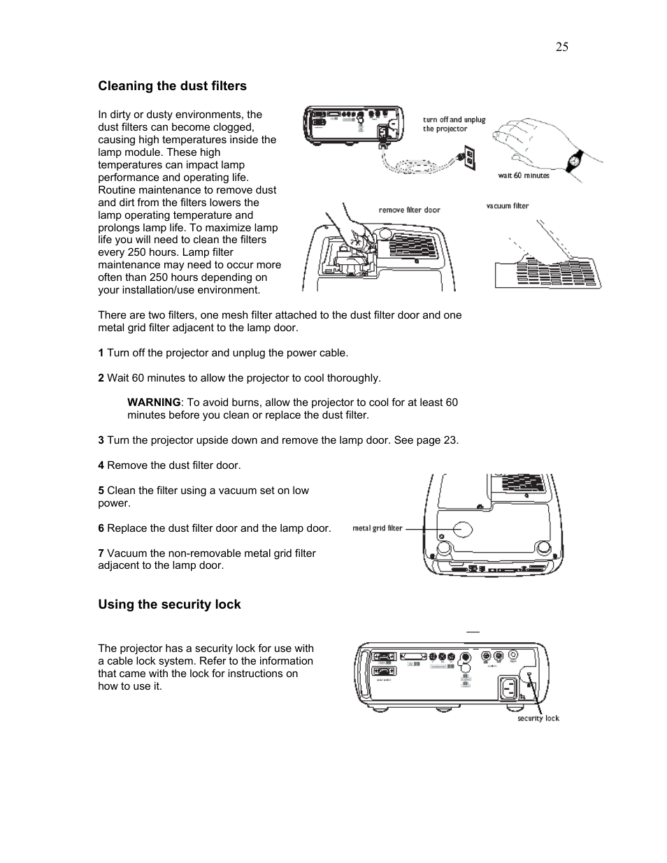 Cleaning the dust filters, Using the security lock | Knoll Systems HD225 User Manual | Page 25 / 27