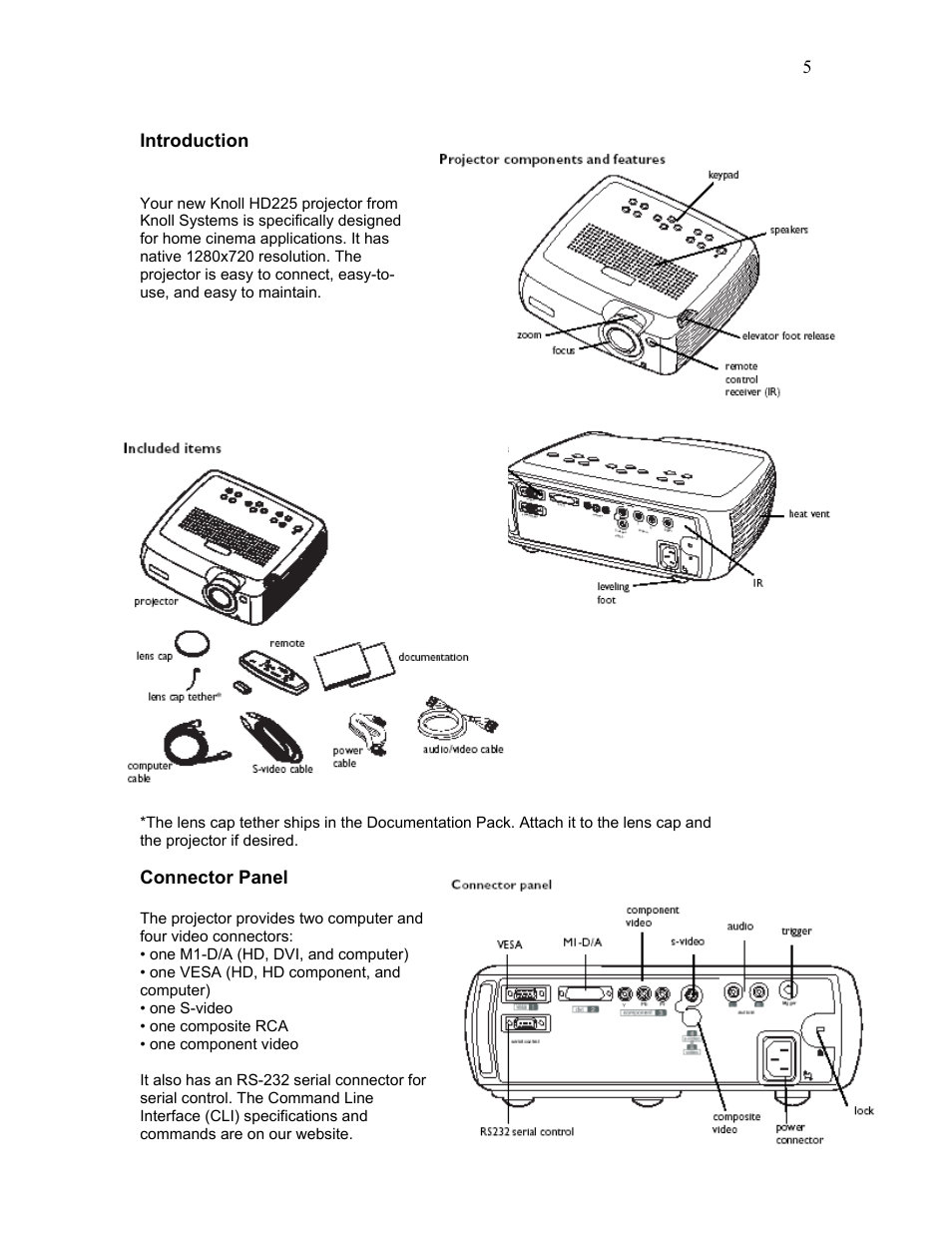 Introduction, Connector panel | Knoll Systems HD225 User Manual | Page 5 / 27