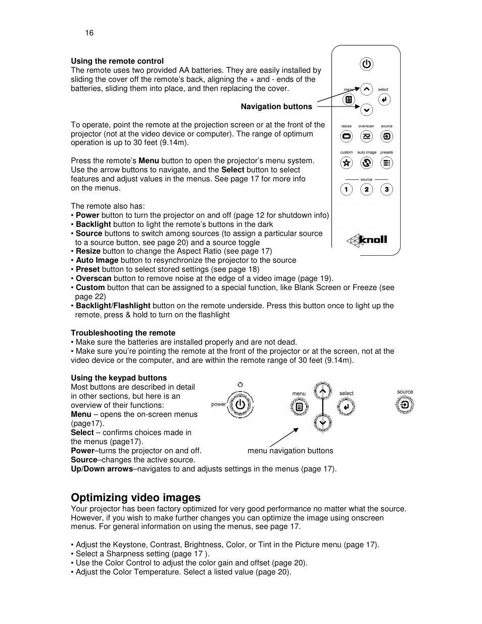 Optimizing video images | Knoll Systems HDP404 User Manual | Page 16 / 30