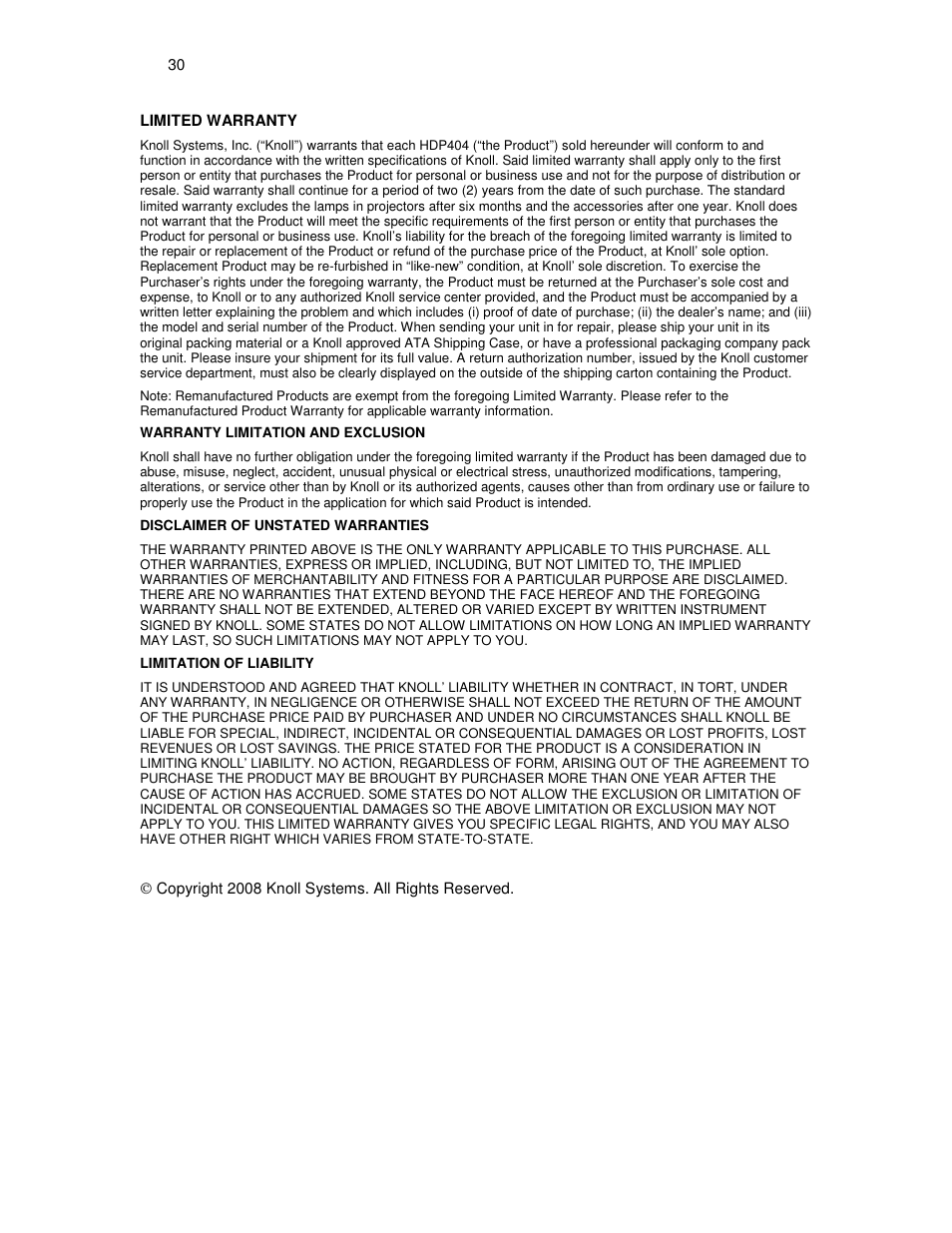 Knoll Systems HDP404 User Manual | Page 30 / 30