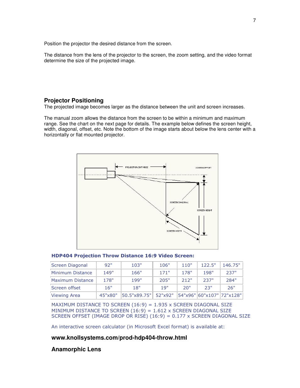 Projector positioning | Knoll Systems HDP404 User Manual | Page 7 / 30