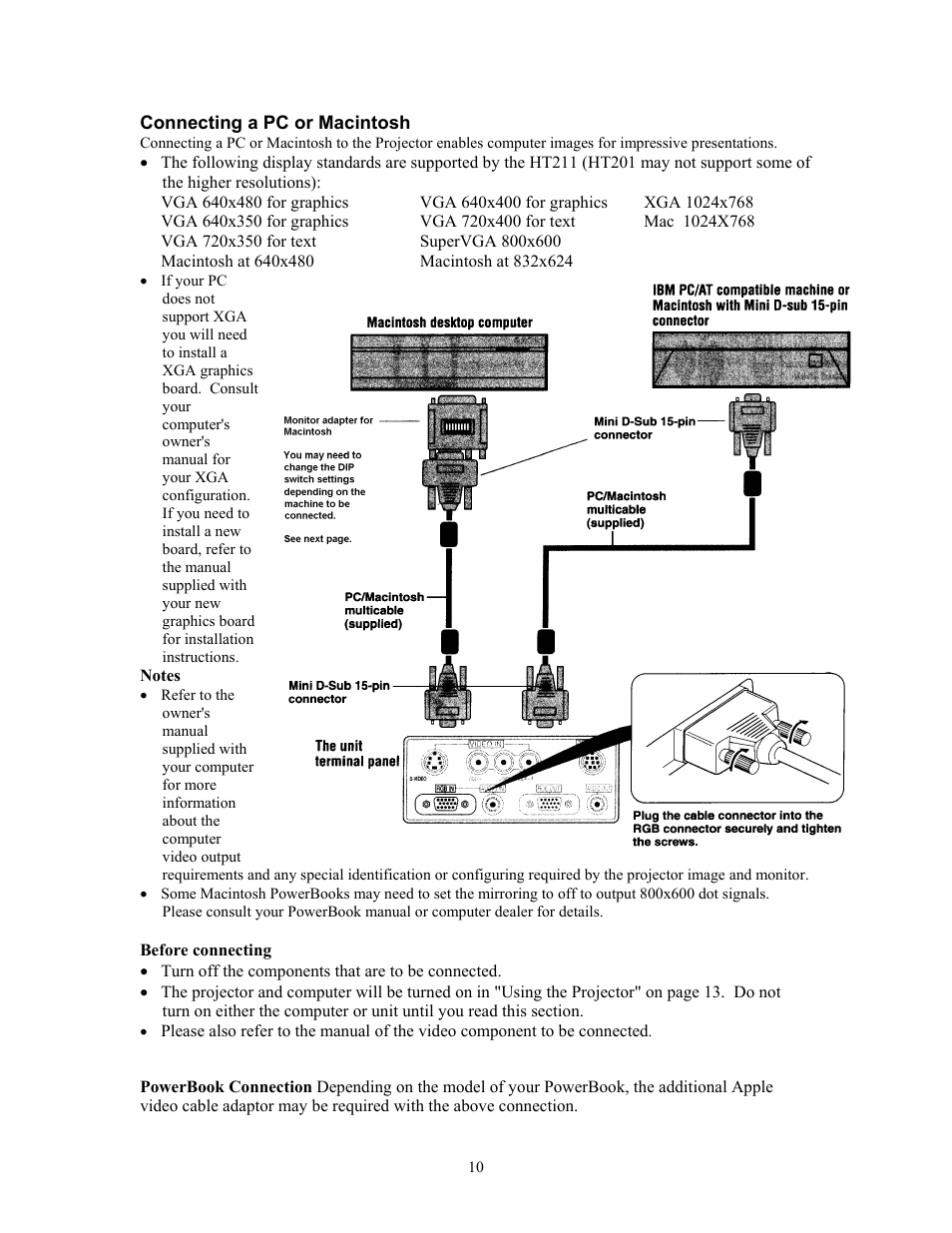 Connecting a pc or macintosh, Notes, Before connecting | Knoll Systems HT201 User Manual | Page 10 / 23