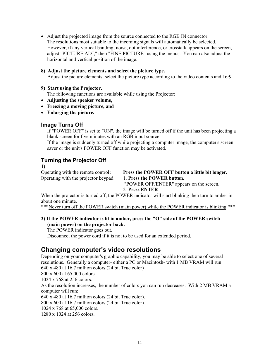 Turning the projector off, Changing computer's video resolutions | Knoll Systems HT201 User Manual | Page 14 / 23