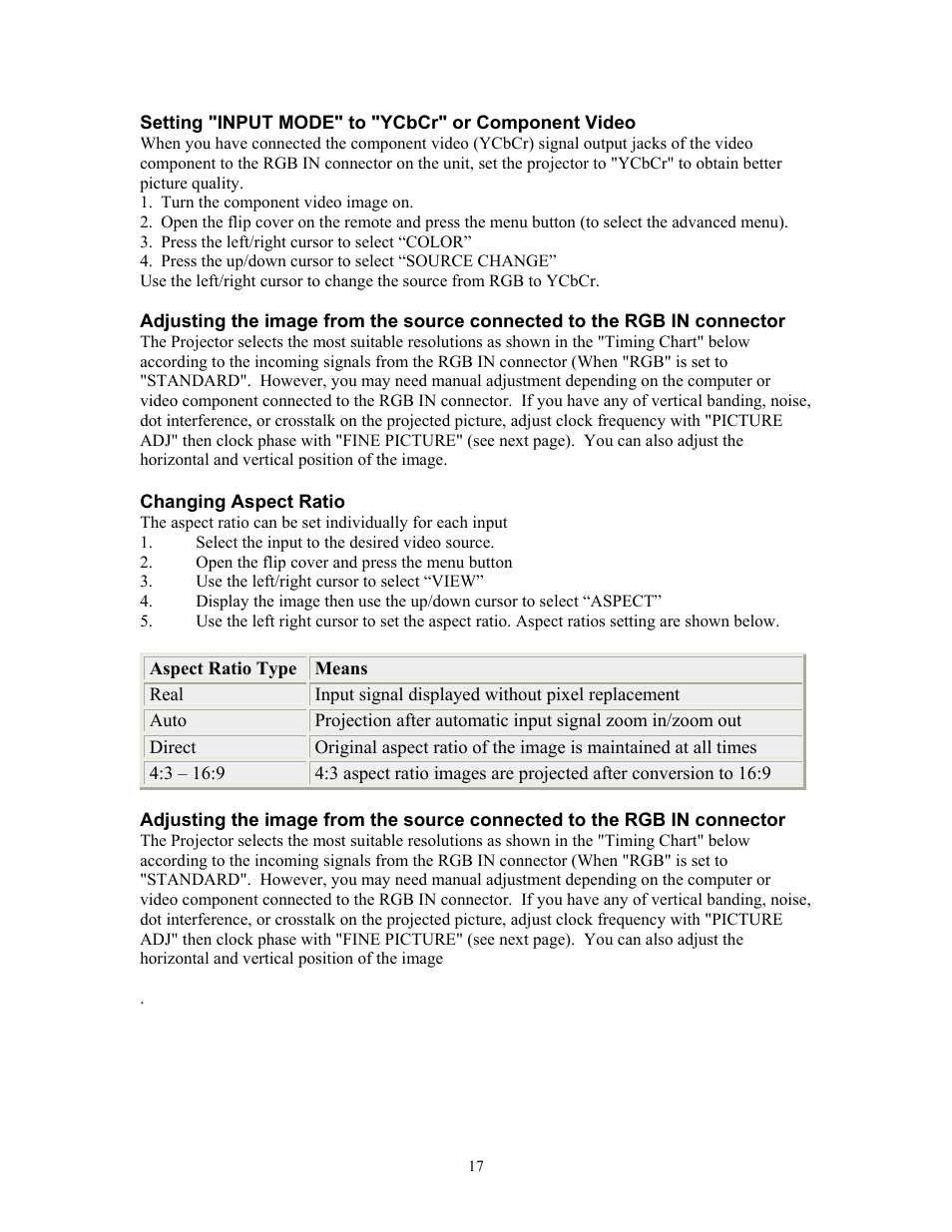 Setting "input mode" to "ycbcr" or component video, Changing aspect ratio | Knoll Systems HT201 User Manual | Page 17 / 23