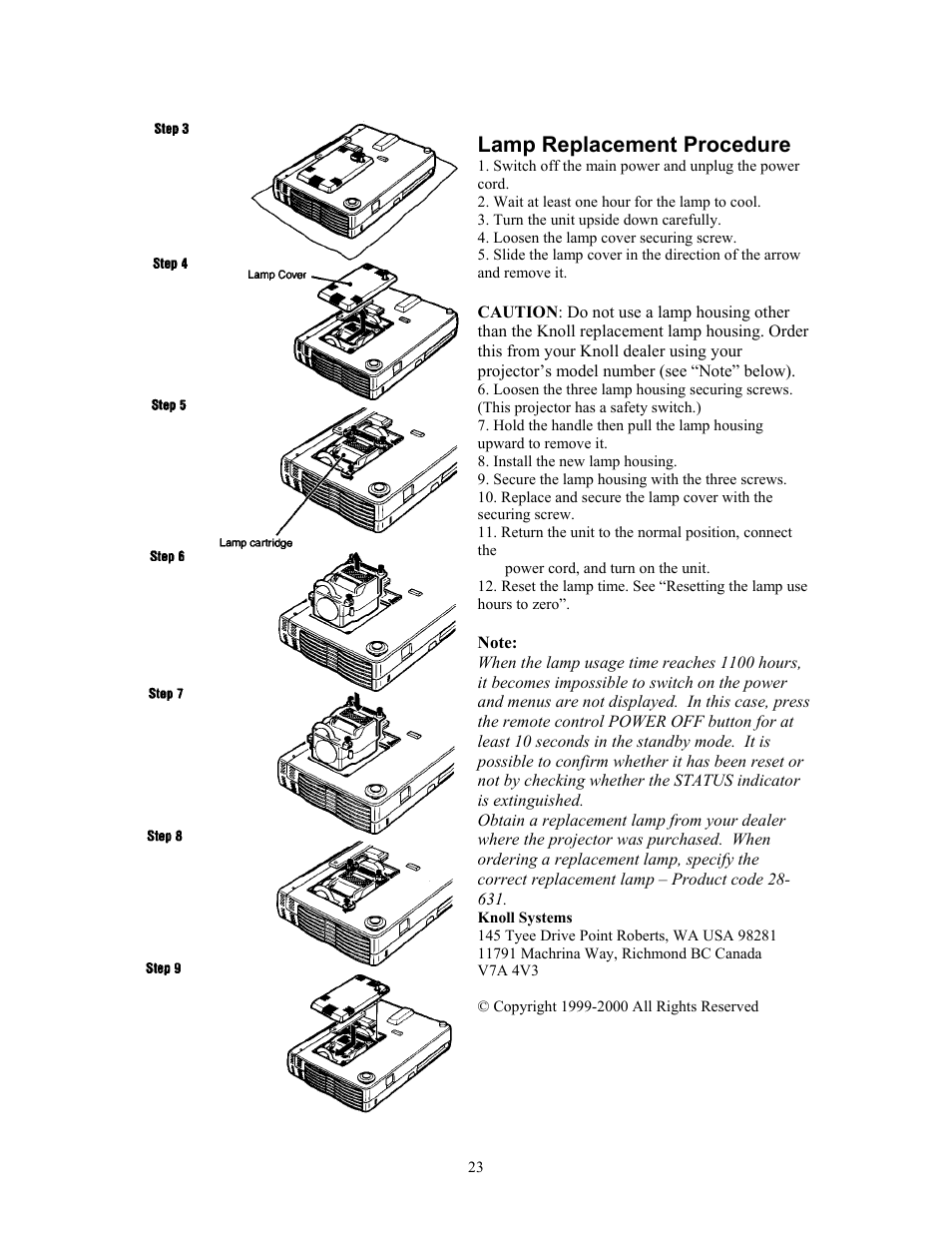 Lamp replacement procedure | Knoll Systems HT201 User Manual | Page 23 / 23