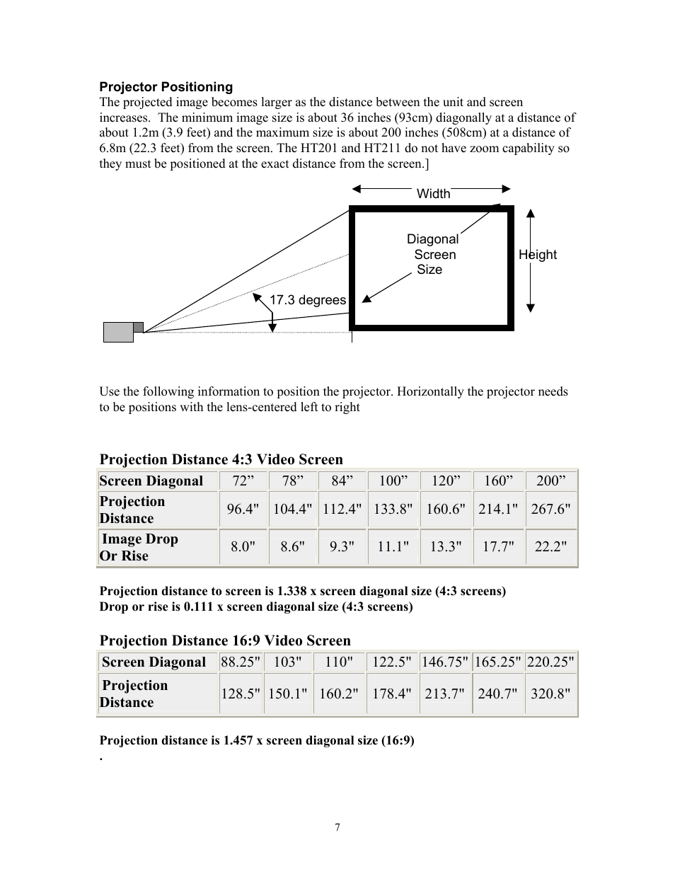 Projector positioning, Projection distance 4:3 video screen | Knoll Systems HT201 User Manual | Page 7 / 23