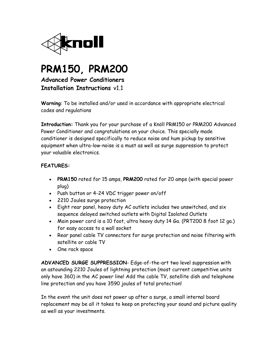 Knoll Systems PRM200 User Manual | 6 pages