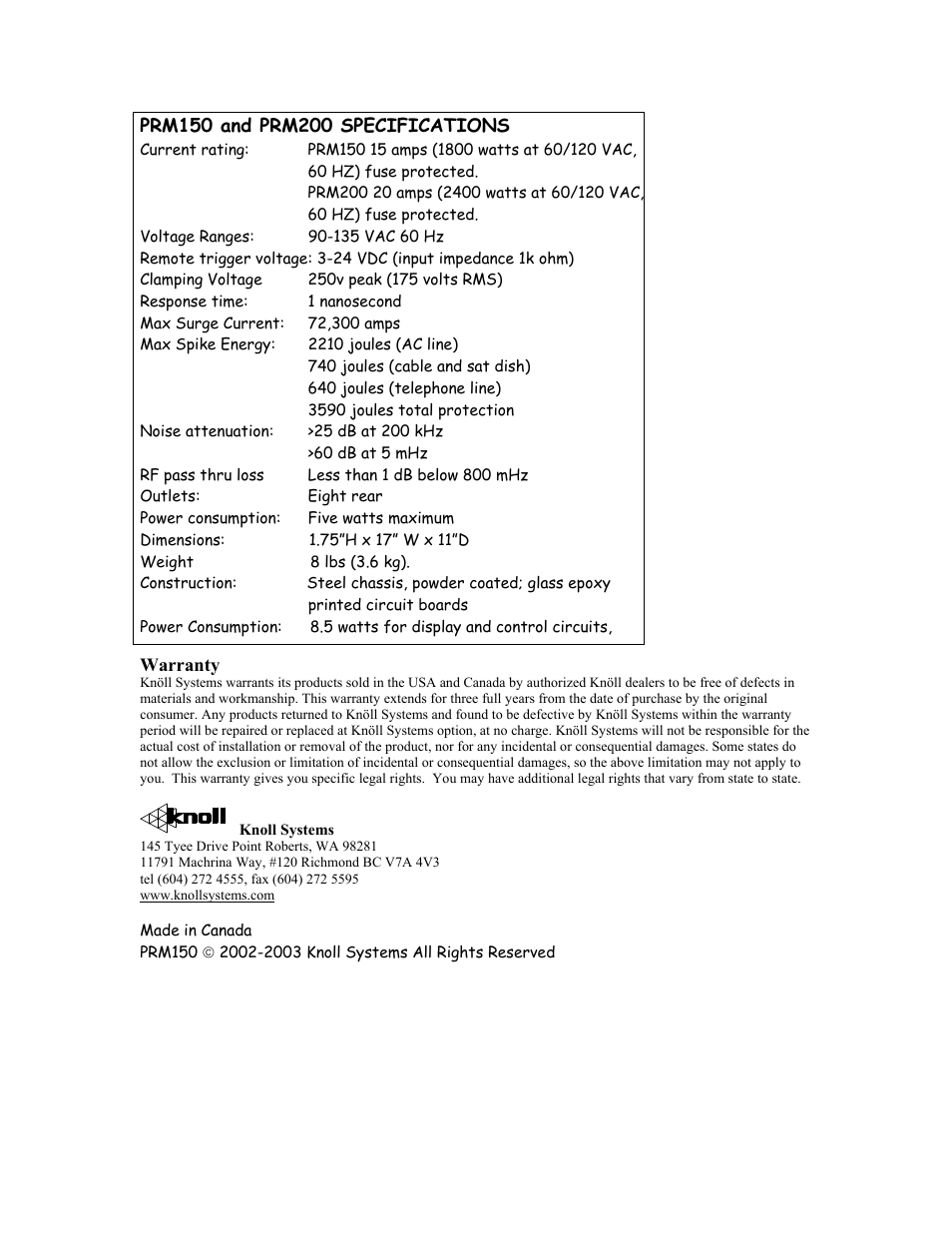 Knoll Systems PRM200 User Manual | Page 6 / 6