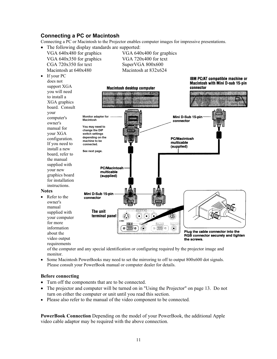 Connecting a pc or macintosh, Notes, Before connecting | Knoll Systems HT200 User Manual | Page 11 / 30