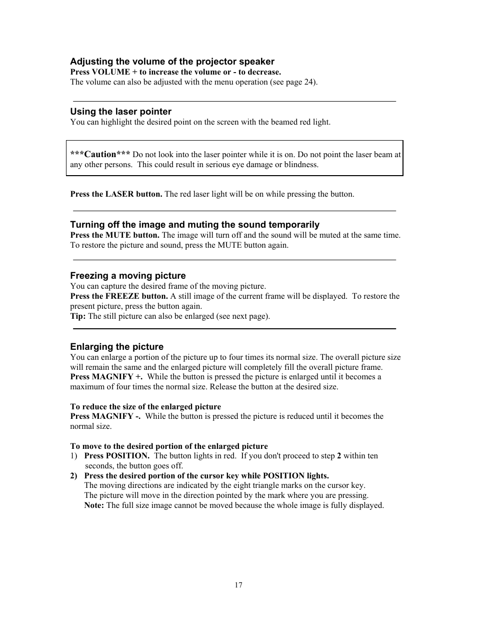 Adjusting the volume of the projector speaker, Using the laser pointer, Freezing a moving picture | Enlarging the picture | Knoll Systems HT200 User Manual | Page 17 / 30