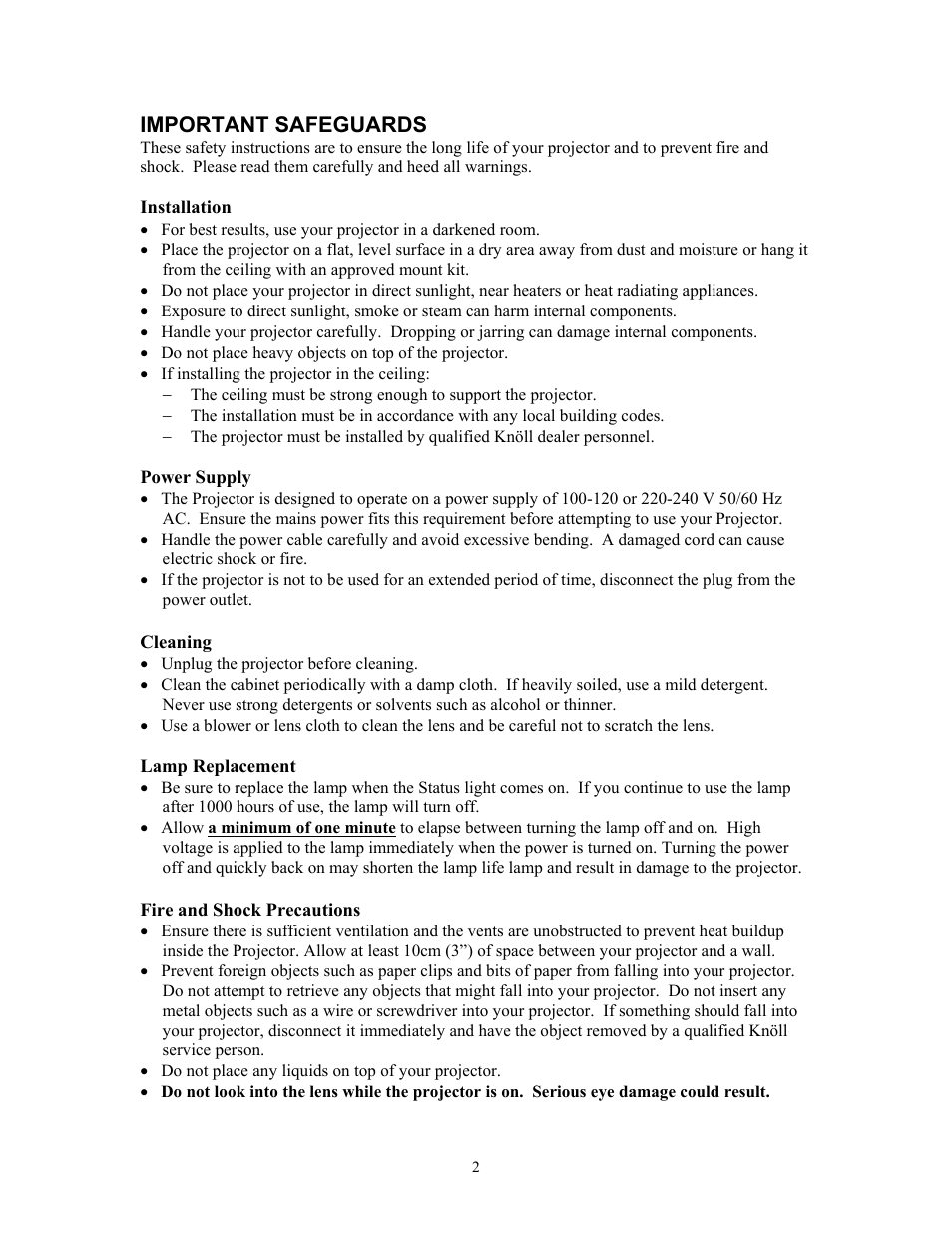 Important safeguards | Knoll Systems HT200 User Manual | Page 2 / 30