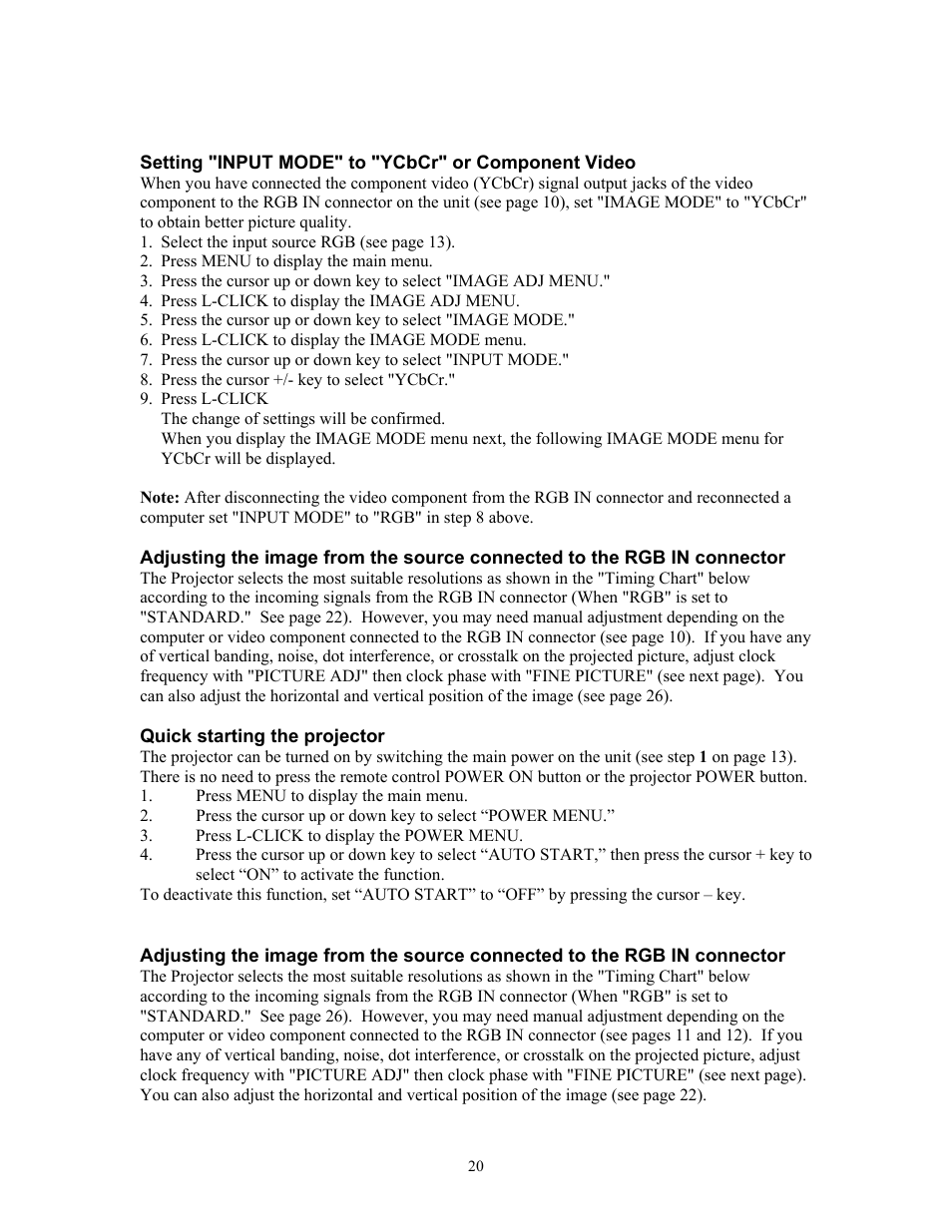 Setting "input mode" to "ycbcr" or component video, Quick starting the projector | Knoll Systems HT200 User Manual | Page 20 / 30