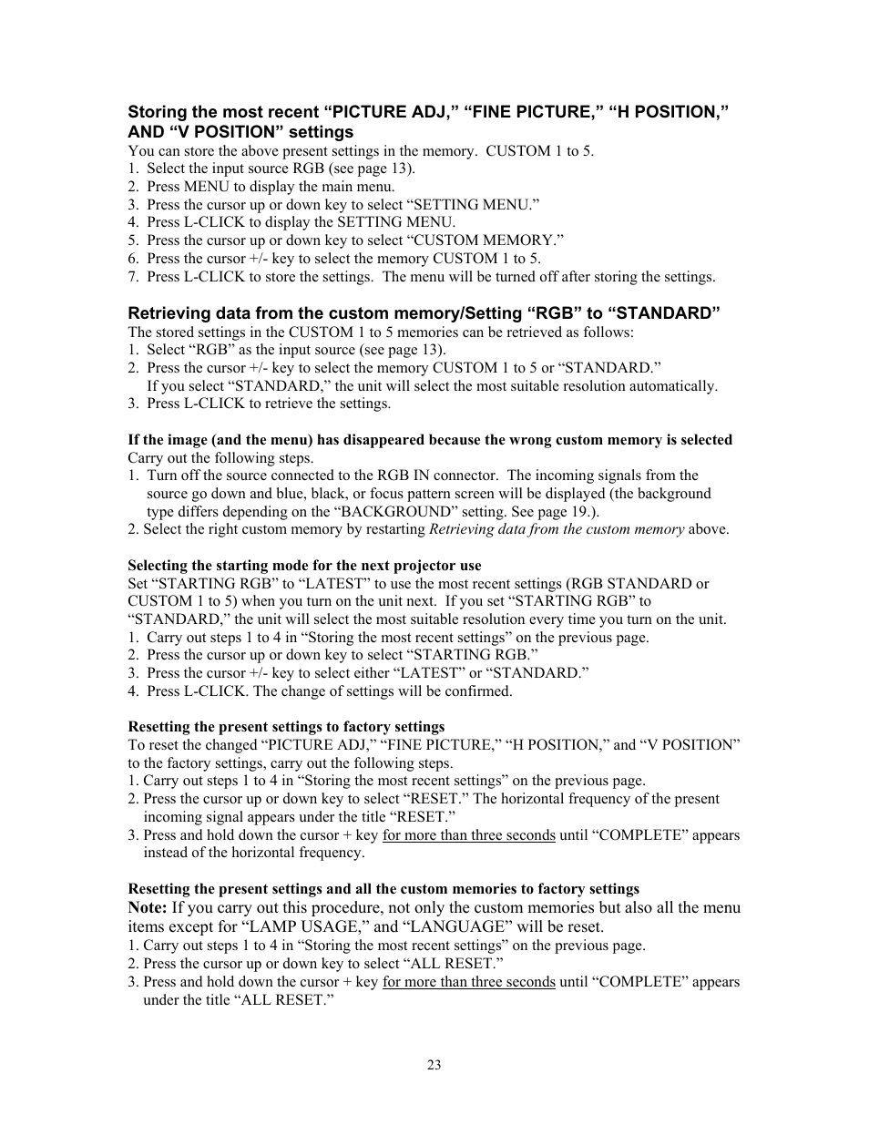 Resetting the present settings to factory settings, Note: if you carry out this procedure, not only t | Knoll Systems HT200 User Manual | Page 23 / 30