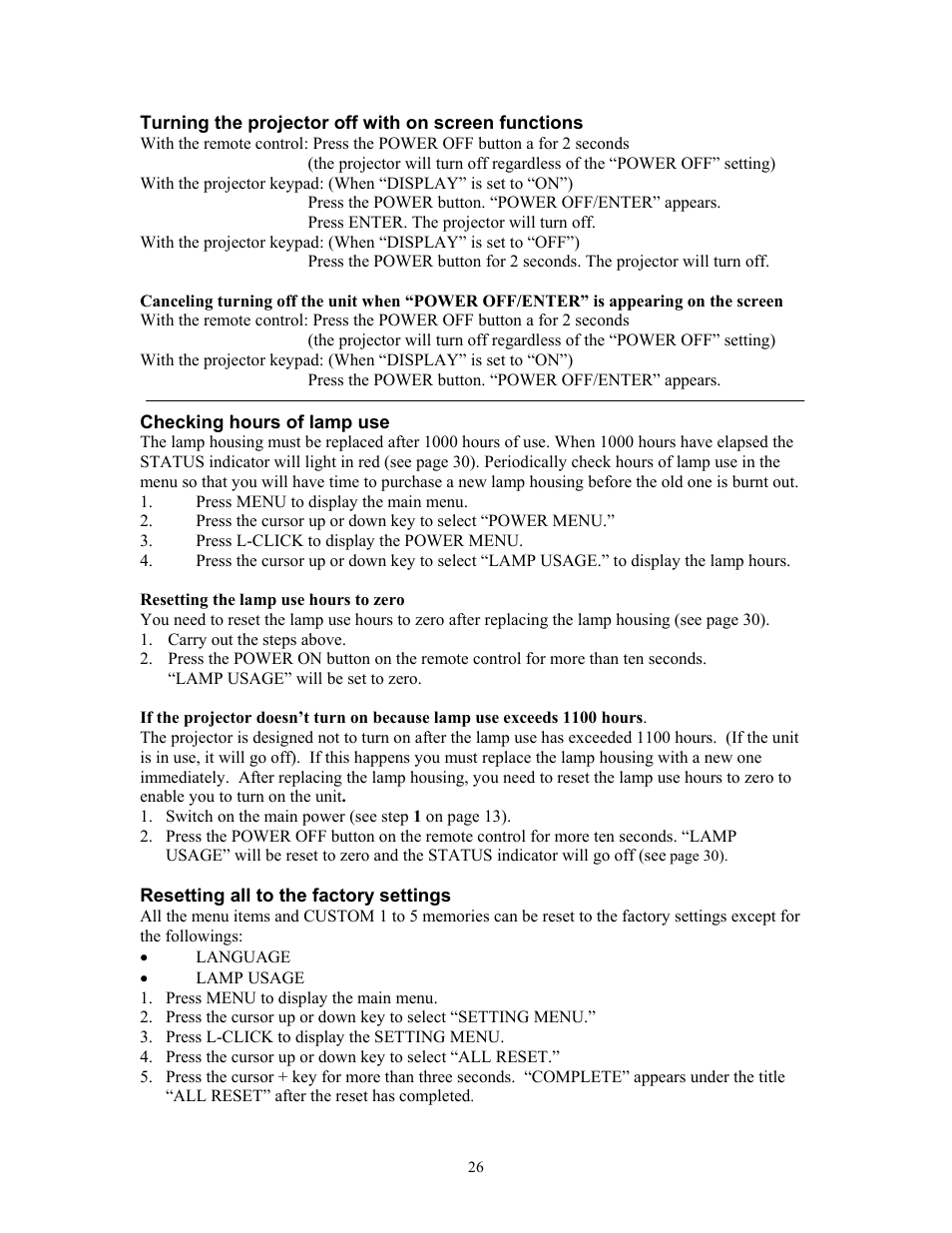 Turning the projector off with on screen functions, Checking hours of lamp use, Resetting the lamp use hours to zero | Resetting all to the factory settings | Knoll Systems HT200 User Manual | Page 26 / 30