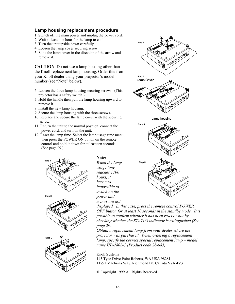 Lamp housing replacement procedure | Knoll Systems HT200 User Manual | Page 30 / 30