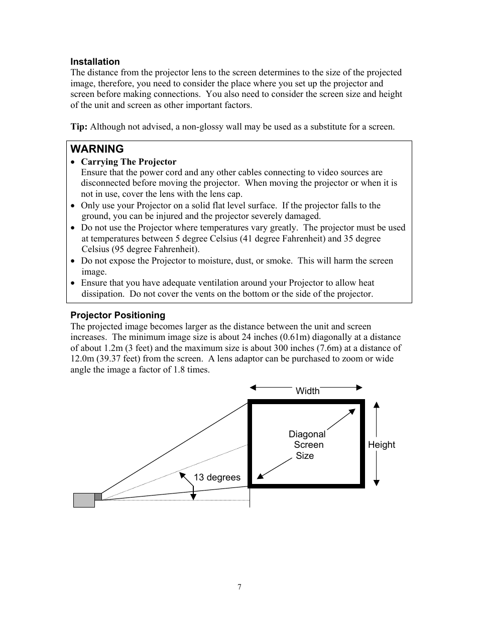 Installation, Warning, Projector positioning | Knoll Systems HT200 User Manual | Page 7 / 30