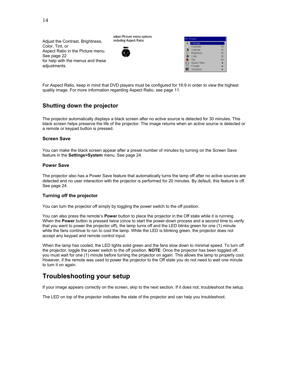 Shutting down the projector, Screen save, Troubleshooting your setup | Knoll Systems HD102 User Manual | Page 14 / 28