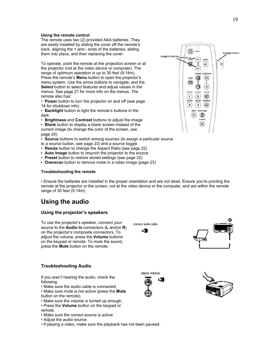 Using the projector’s speakers, Troubleshooting audio, Using the audio | Knoll Systems HD102 User Manual | Page 19 / 28