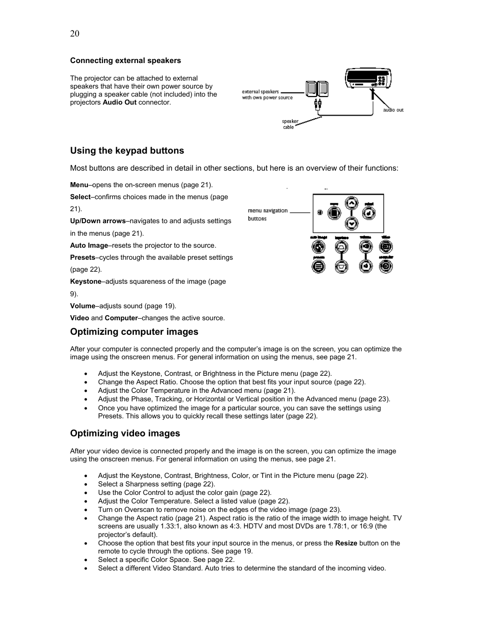 Using the keypad buttons, Optimizing computer images, Optimizing video images | Knoll Systems HD102 User Manual | Page 20 / 28