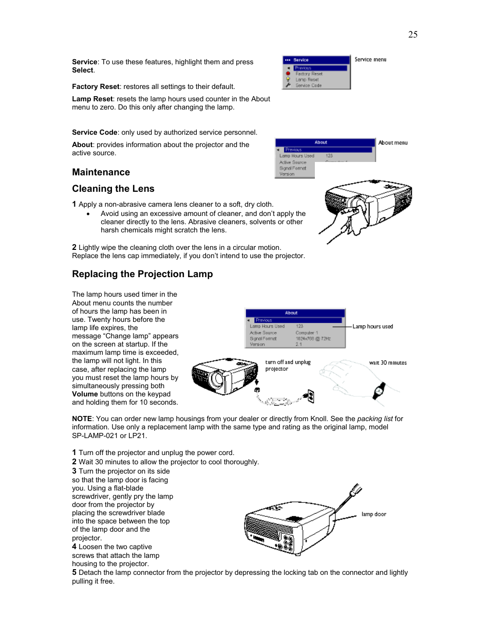 Maintenance, Cleaning the lens, Replacing the projection lamp | Knoll Systems HD102 User Manual | Page 25 / 28