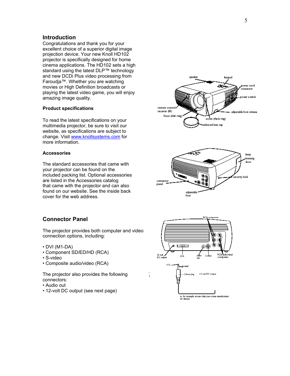 Introduction, Product specifications, Connector panel | Knoll Systems HD102 User Manual | Page 5 / 28