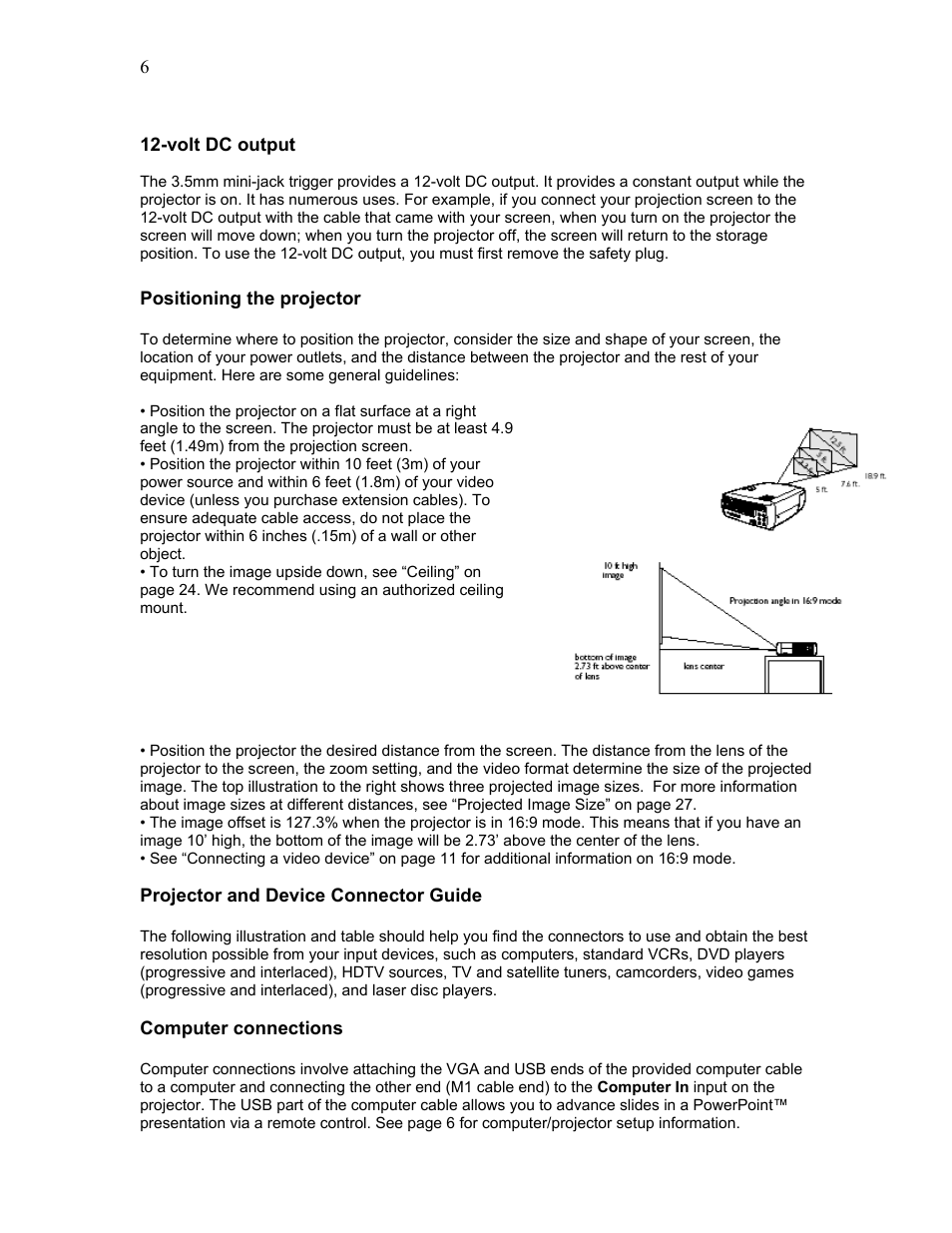 Positioning the projector, Projector and device connector guide, Computer connections | Knoll Systems HD102 User Manual | Page 6 / 28