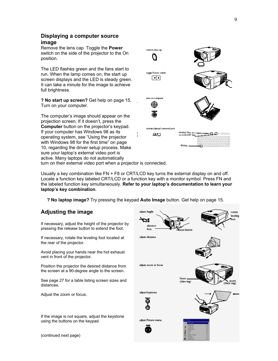 Displaying a computer source image, Adjusting the image | Knoll Systems HD102 User Manual | Page 9 / 28