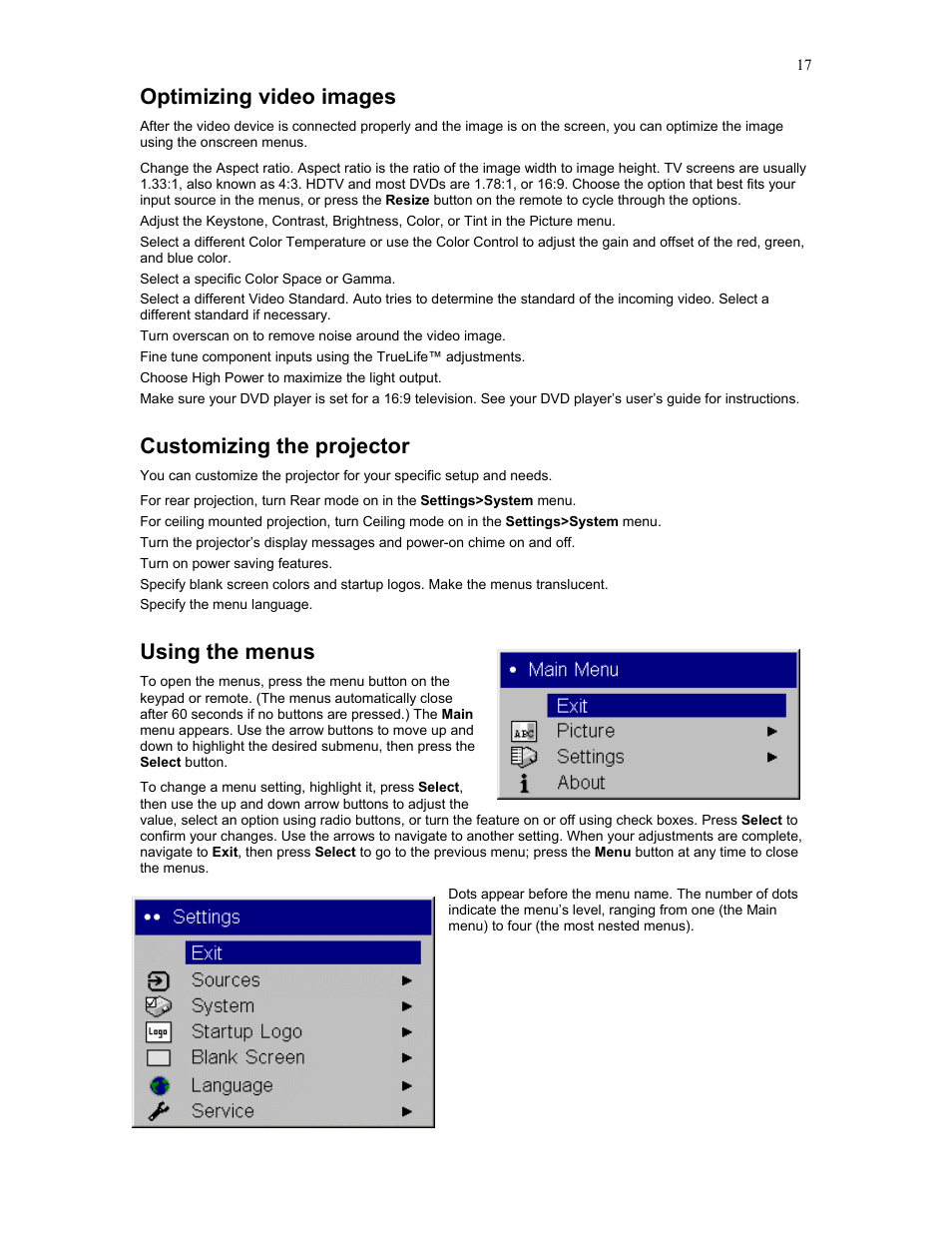 Optimizing video images, Customizing the projector, Using the menus | Knoll Systems HD282 User Manual | Page 17 / 34