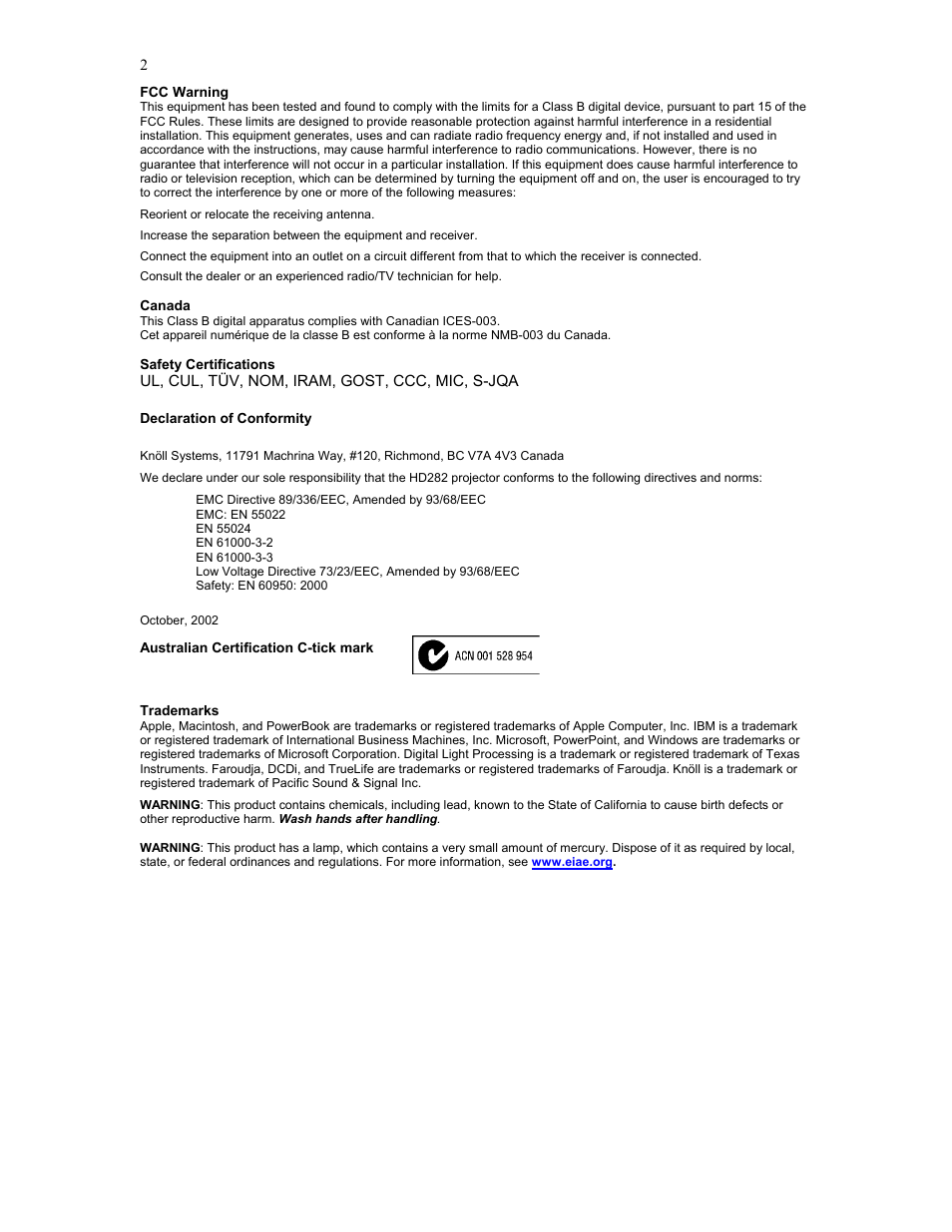 Knoll Systems HD282 User Manual | Page 2 / 34
